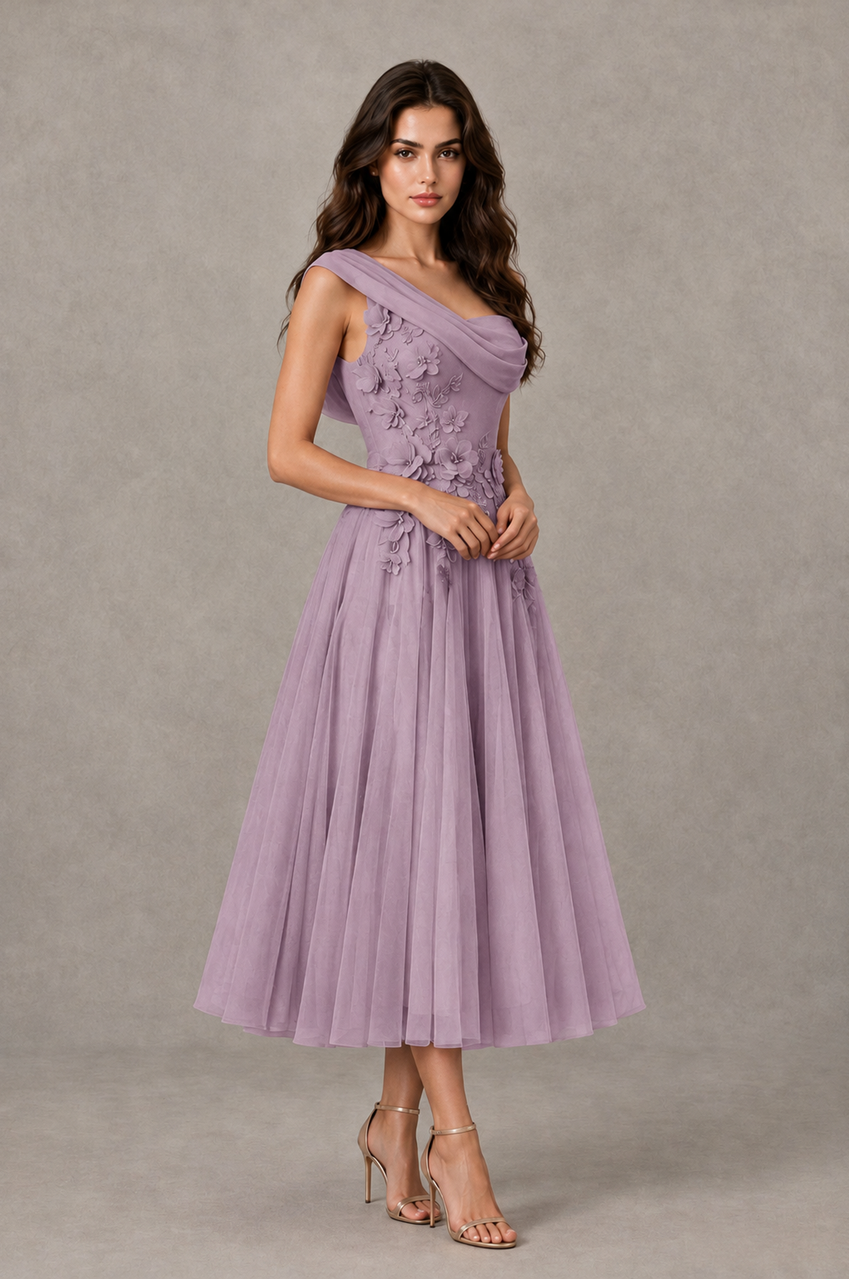 BOLODOO Dusty Purple One-Shoulder Floral Tulle Tea-Length Dress - Dusty Purple - Dusty Purple_03