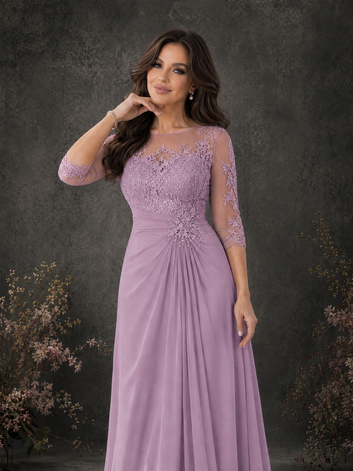 BOLODOO Dusty Purple Chiffon Lace Illusion Neckline 3/4 Sleeve Floor Length Formal Gown - Dusty Purple - Dusty Purple_04
