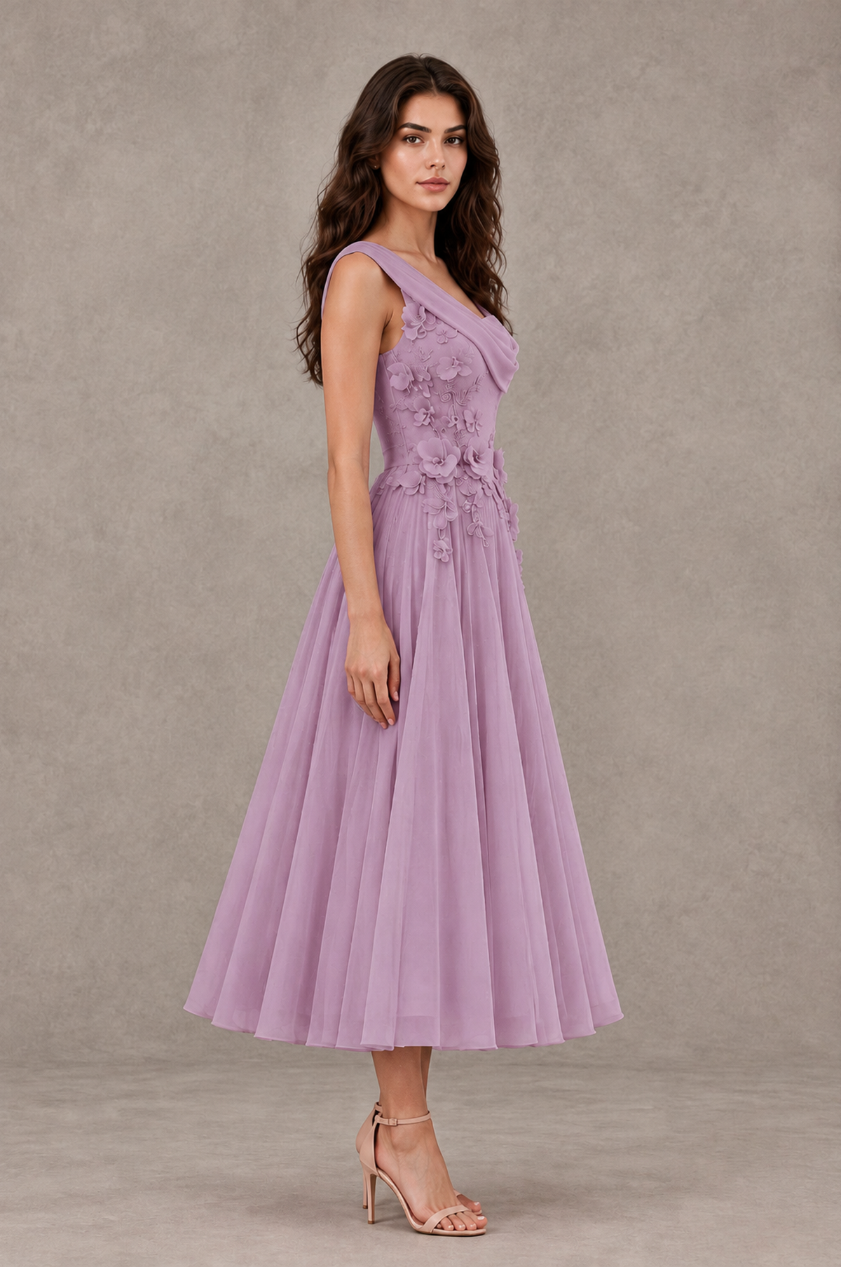BOLODOO Dusty Purple One-Shoulder Floral Tulle Tea-Length Dress - Dusty Purple - Dusty Purple_04