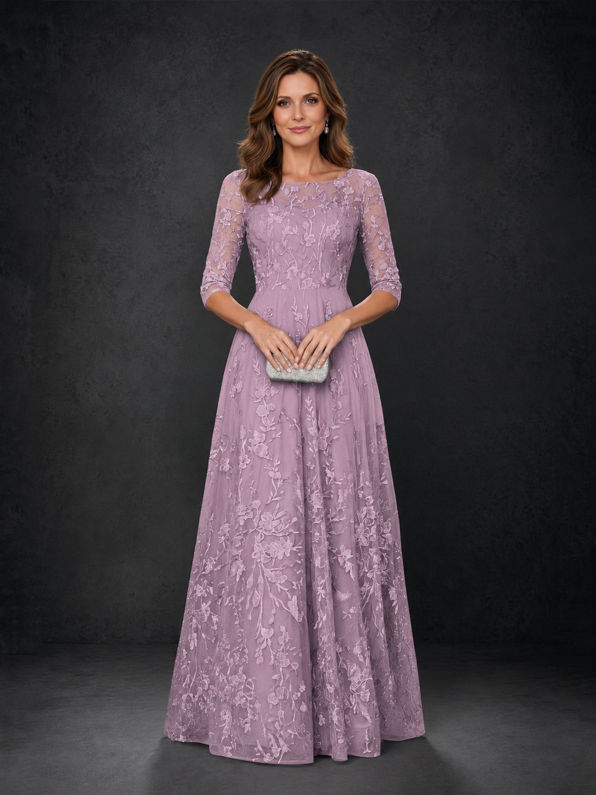BOLODOO Dusty Purple Illusion Bateau Neck 3/4 Sleeve Floral Lace A-Line Mother of the Bride Dress MX007 - Dusty Purple - Dusty Purple_04