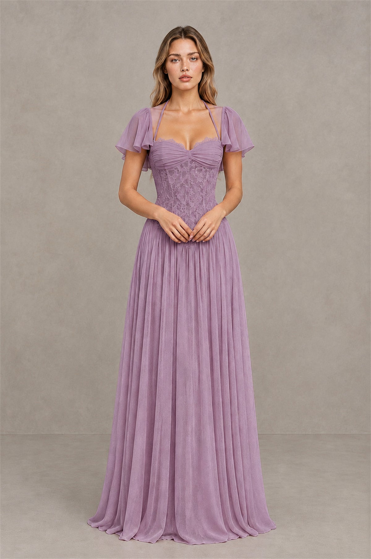 BOLODOO Dusty Purple Flutter Sleeve Lace Corset A-Line Maxi Dress - Dusty_Purple - Dusty_Purple_1
