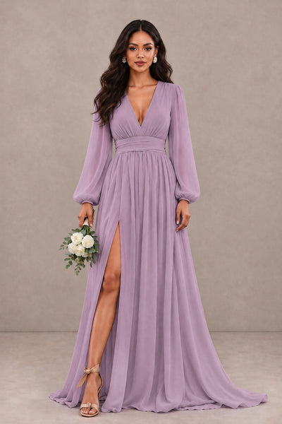 BOLODOO Dusty Purple Long Sleeve V-Neck A-Line Gown with Open Back & Slit - Dusty Purple - Dusty Purple_1