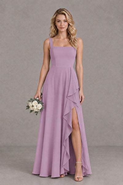 BOLODOO Dusty Purple Square Neck Ruffle A-Line Bridesmaid Dress with Slit - Dusty Purple - Dusty Purple_1