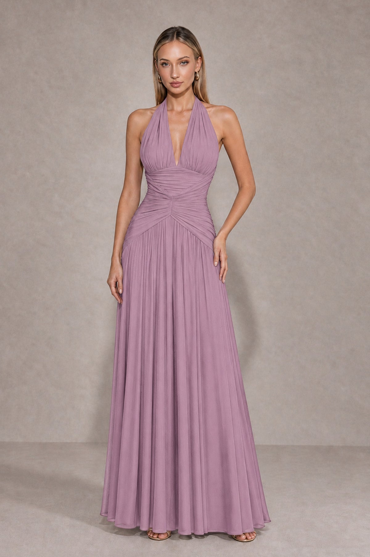 BOLODOO Dusty Purple Chiffon Halter Deep V-Neck Ruched A-Line Backless Maxi Dress with Train-BD0167 - Dusty Purple - Dusty Purple_1