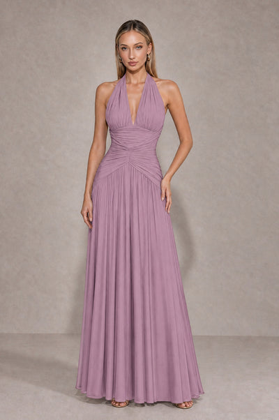 BOLODOO Dusty Purple Chiffon Halter Deep V-Neck Ruched A-Line Backless Maxi Dress with Train-BD0167 - Dusty Purple - Dusty Purple_1