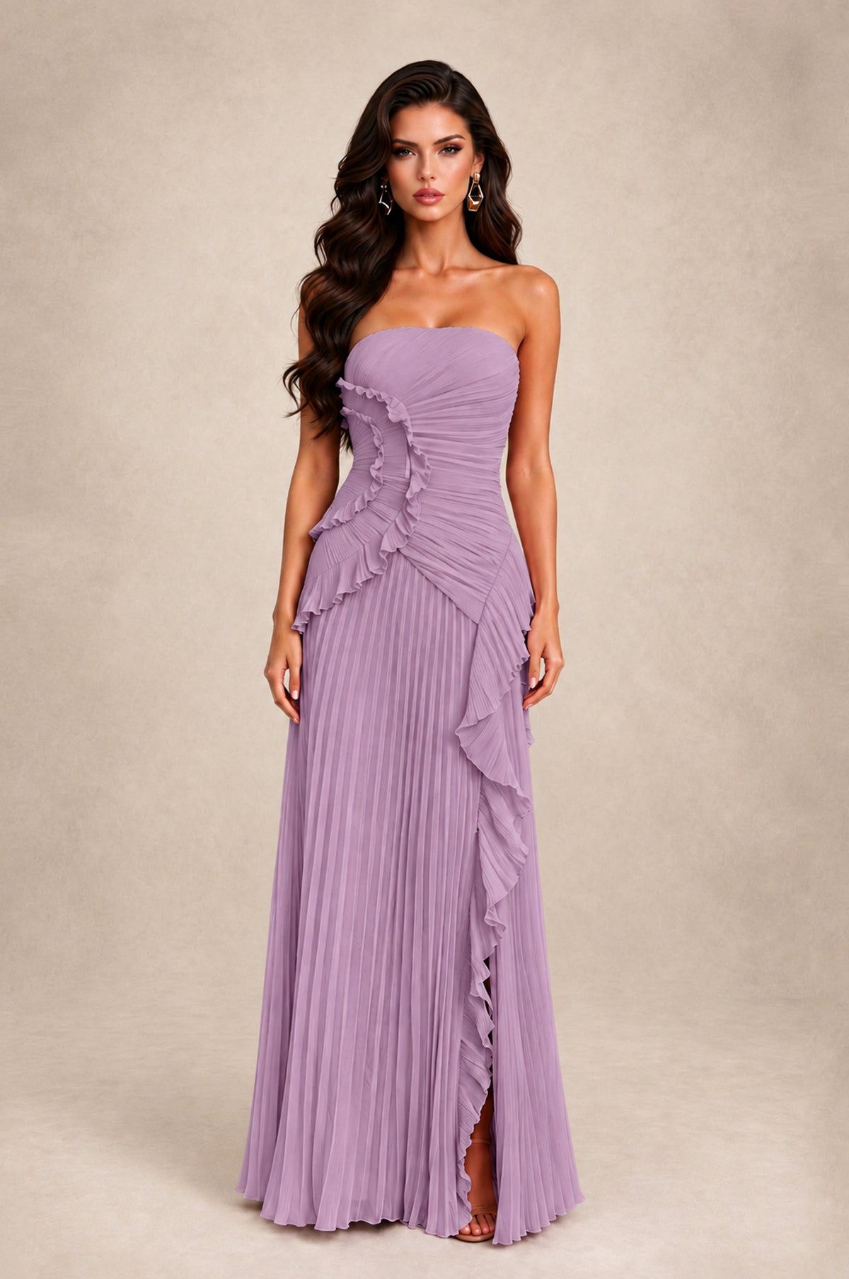 BOLODOO Dusty Purple Strapless Ruffle Pleated Slit Evening Gown - Dusty Purple - Dusty Purple_1