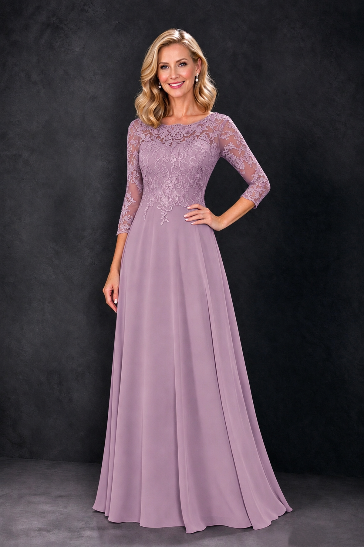 BOLODOO Dusty Purple Lace Embroidered Mother of the Bride Dress with 3/4 Sleeves - Dusty Purple - Dusty Purple_1