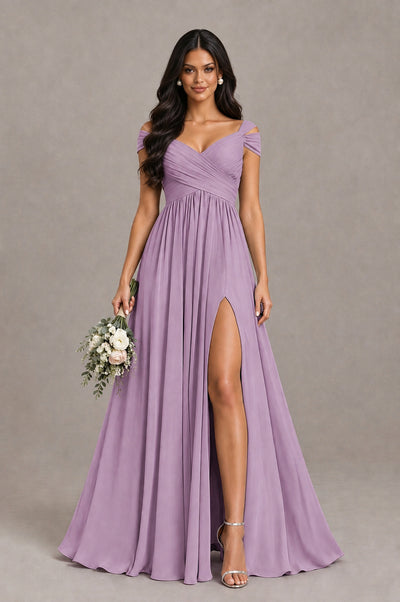 BOLODOO Dusty Purple Cold Shoulder Chiffon Evening Dress with V Neck and High Slit - Dusty Purple - Dusty Purple_1