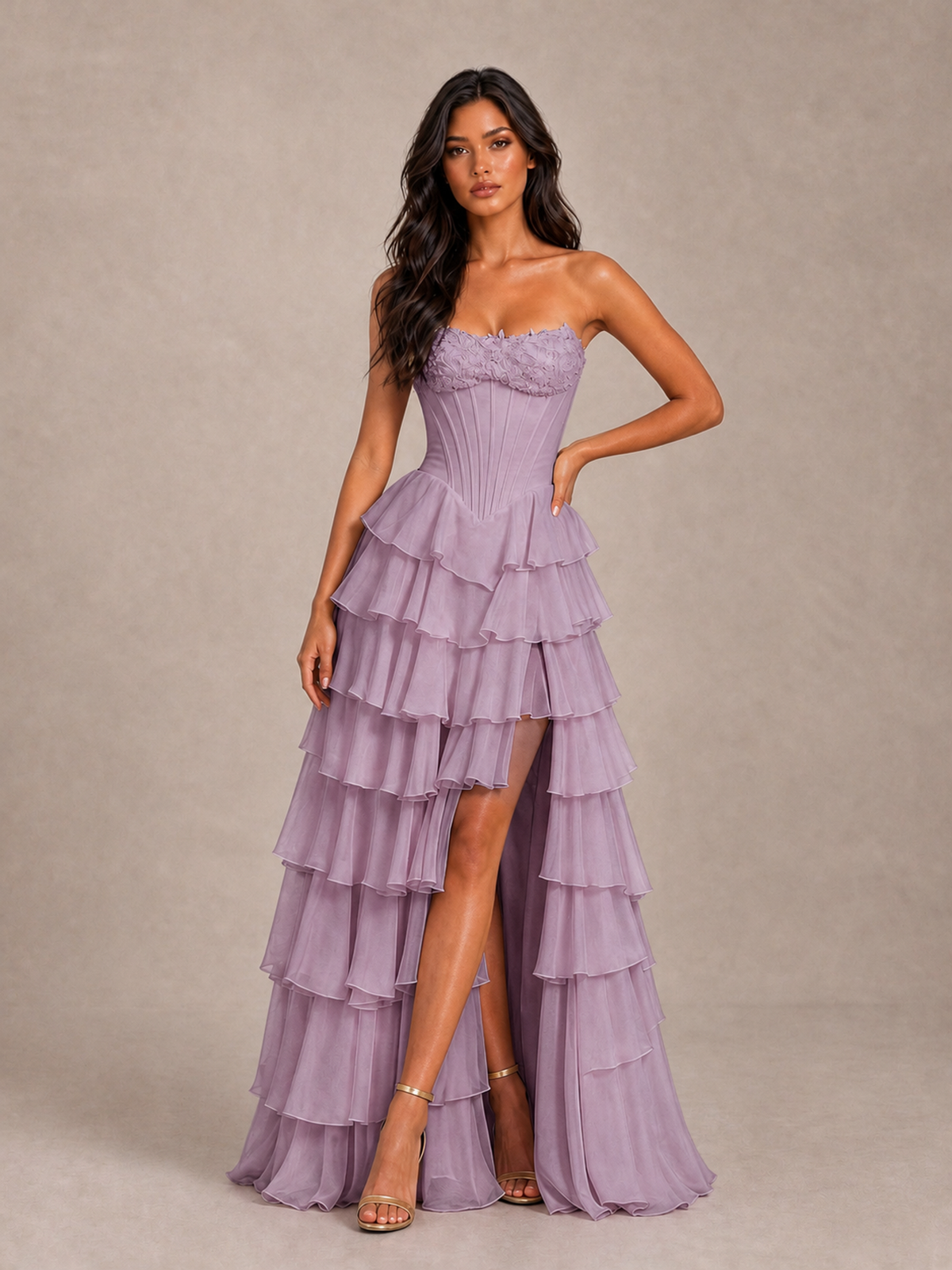 BOLODOO Dusty Purple Strapless Corset Tiered Ruffle Prom Dress with High Slit - Dusty Purple - Dusty Purple_1
