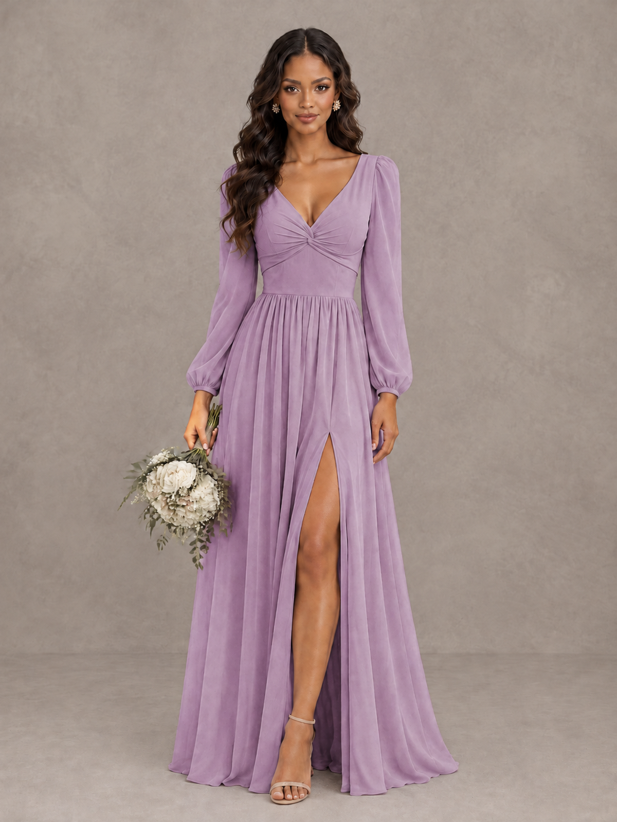 BOLODOO Dusty Purple V-Neck Long Sleeve Bridesmaid Dress with Tie Back and Slit - Dusty Purple - Dusty Purple_1