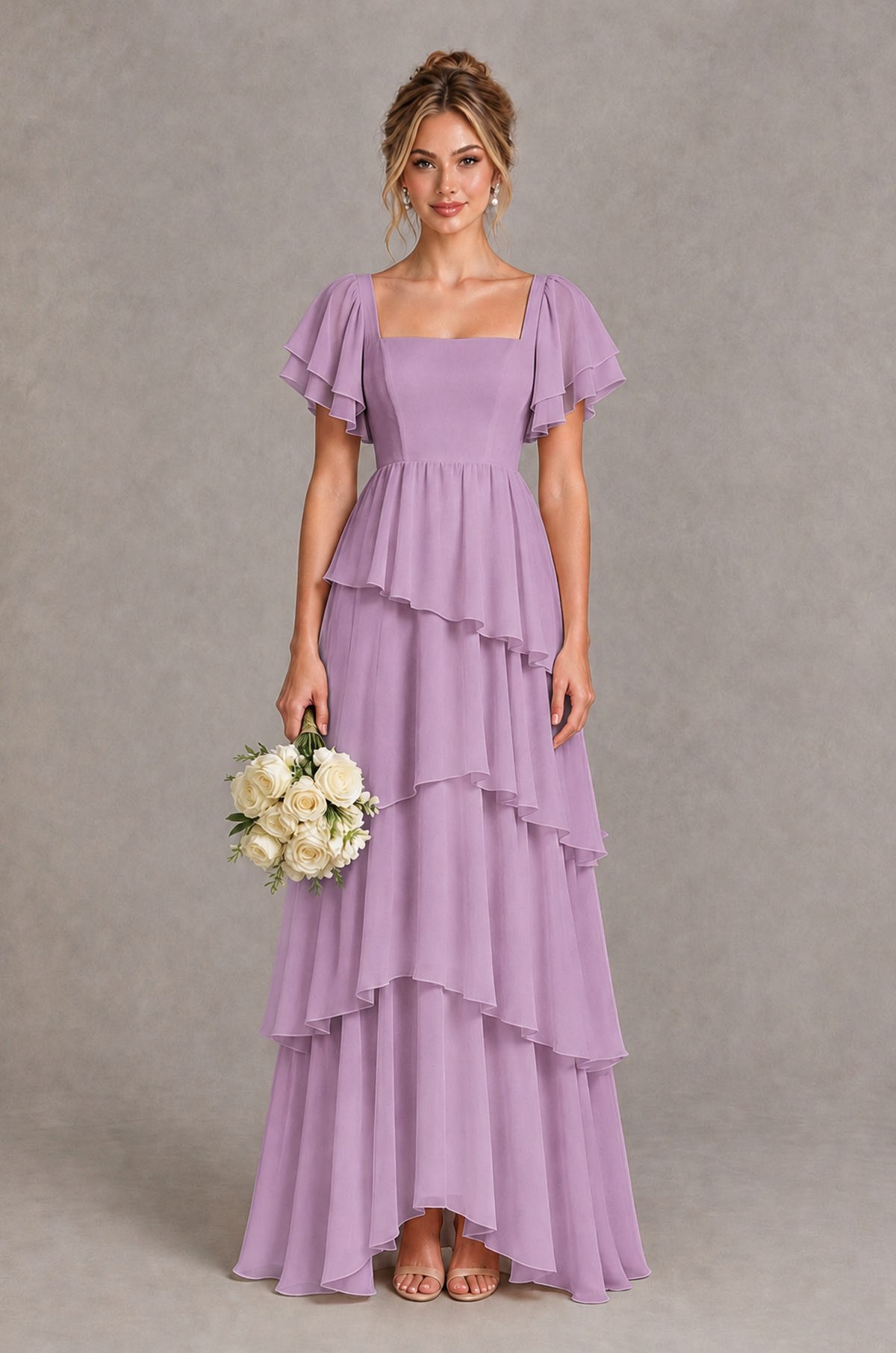 BOLODOO Dusty Purple Square Neck Flutter Sleeve Tiered Chiffon Bridesmaid Dress with Lace-Up Back - Dusty Purple - Dusty Purple_1