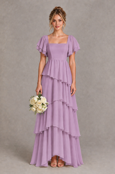 BOLODOO Dusty Purple Square Neck Flutter Sleeve Tiered Chiffon Bridesmaid Dress with Lace-Up Back - Dusty Purple - Dusty Purple_1