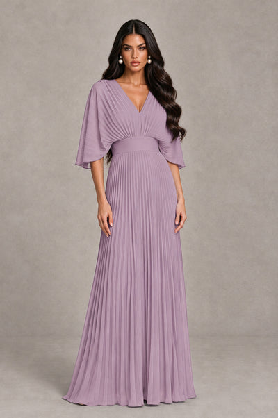 BOLODOO Dusty Purple V-Neck Pleated Flutter Sleeve Formal Dress - Dusty Purple - Dusty Purple_1