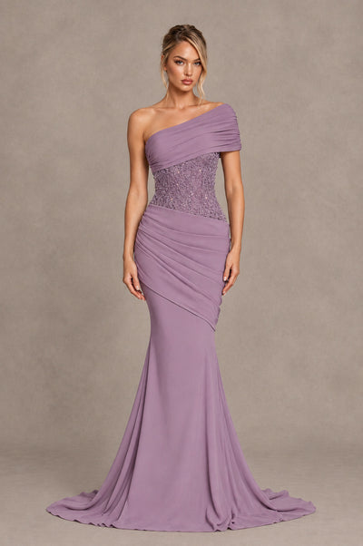 BOLODOO Dusty Purple One-Shoulder Sequin Embroidered Ruched Mermaid Gown with Train - Dusty Purple - Dusty Purple_1