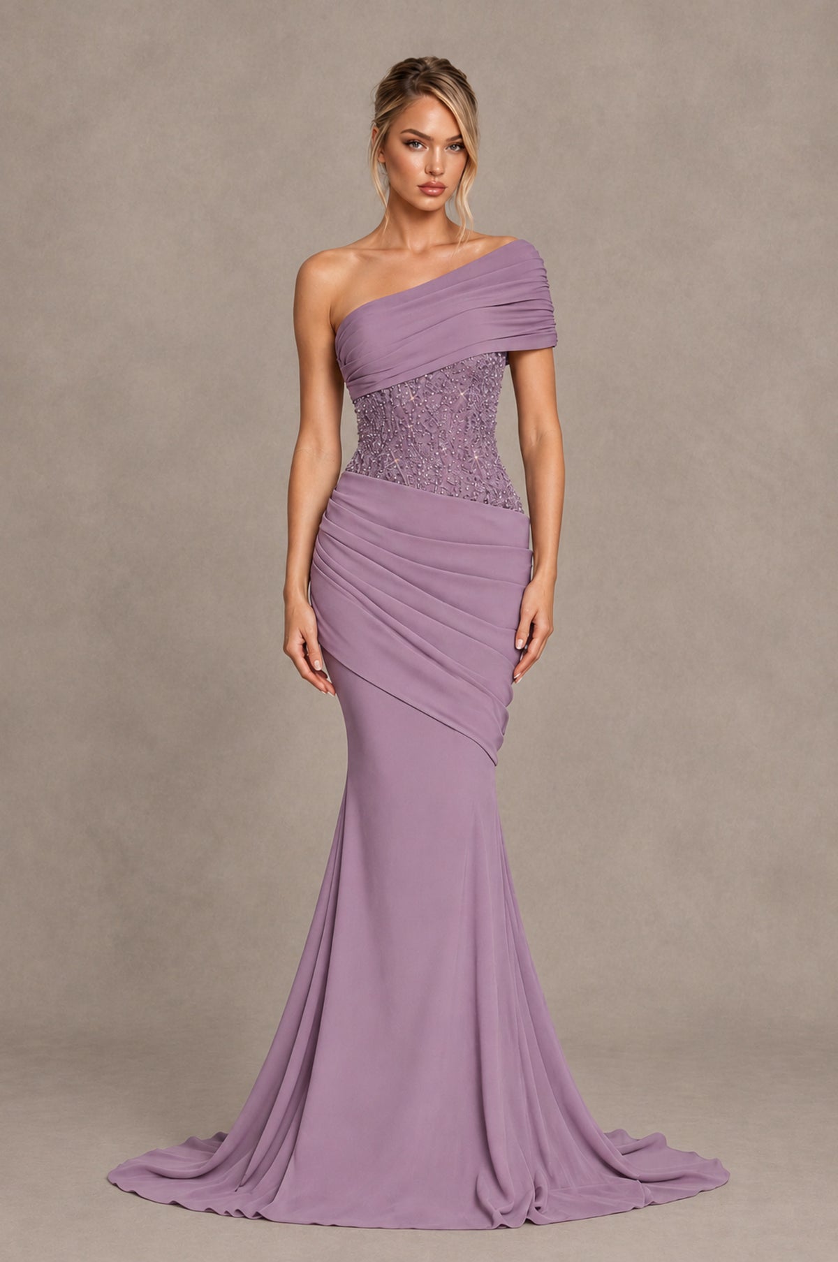 BOLODOO Dusty Purple One-Shoulder Sequin Embroidered Ruched Mermaid Gown with Train - Dusty Purple - Dusty Purple_1