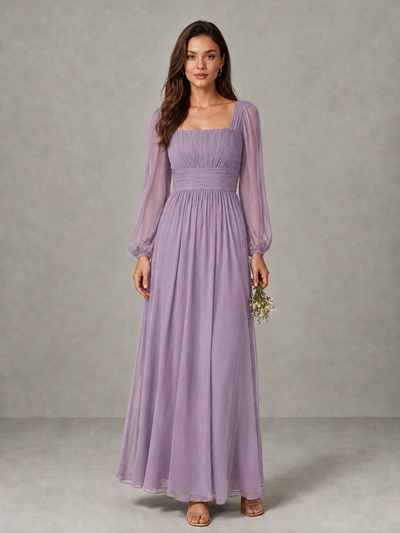 BOLODOO Dusty Purple Square Neck Long Sleeve Chiffon Bridesmaid Dress - Dusty Purple - Dusty Purple_1