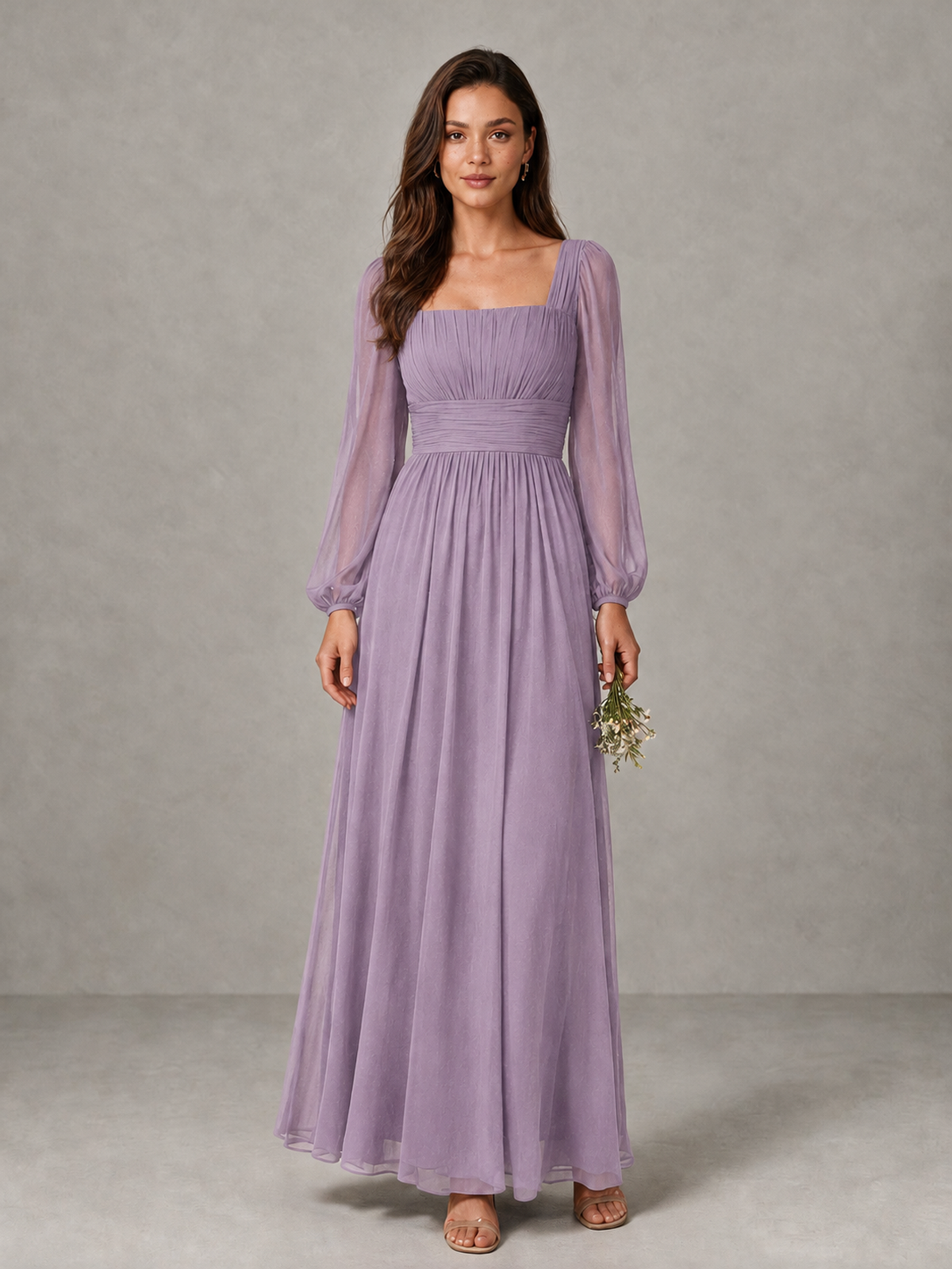 BOLODOO Dusty Purple Square Neck Long Sleeve Chiffon Bridesmaid Dress - Dusty Purple - Dusty Purple_1