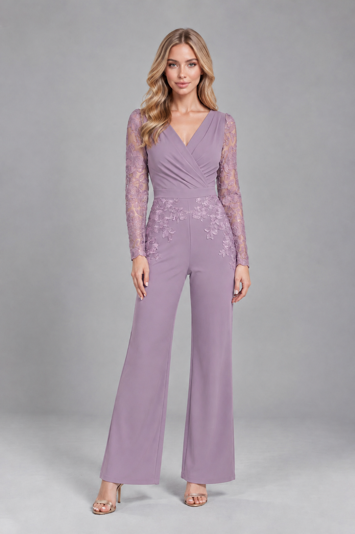 BOLODOO Dusty Purple Lace Long-Sleeve V-Neck Mother Pant Suit - Dusty Purple - Dusty Purple_1
