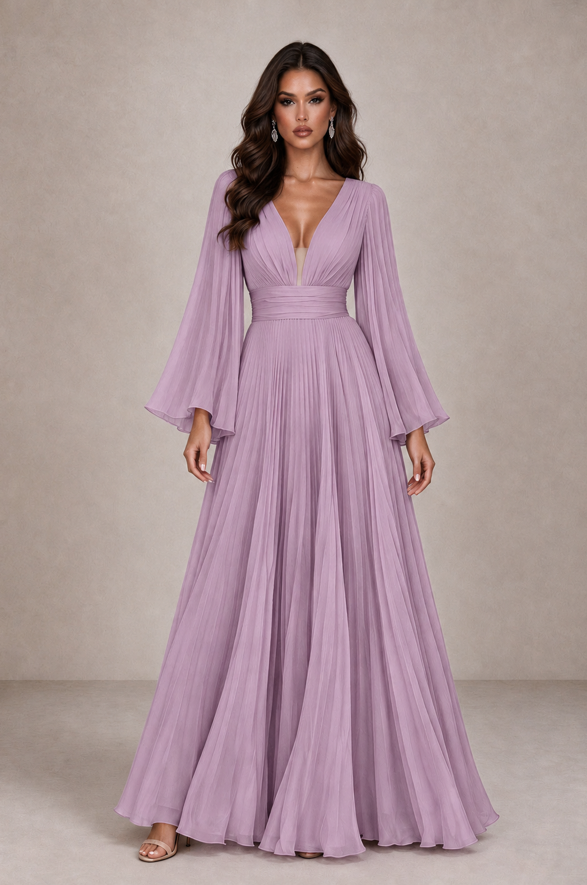 BOLODOO Dusty Purple Pleated Deep V-Neck Long Bell Sleeve Evening Dress - Dusty Purple - Dusty_Purple_1