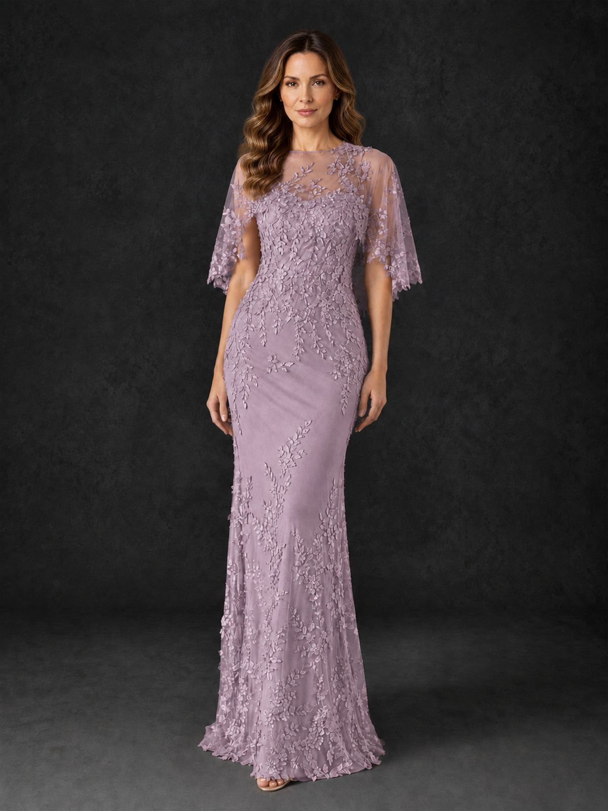 BOLODOO Dusty Purple Botanical Lace Flutter Sleeve Mermaid Gown - Dusty Purple - Dusty_Purple_1
