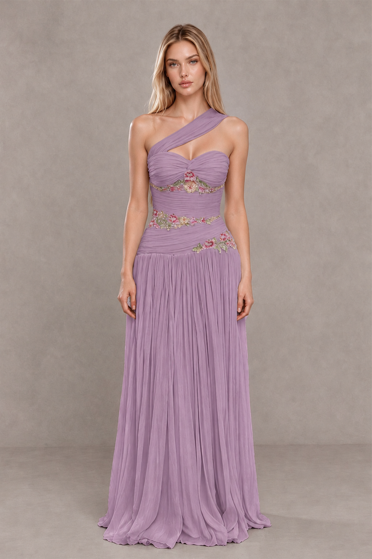 BOLODOO Dusty Purple One-Shoulder Floral Applique A-Line Evening Dress - Dusty Purple - Dusty Purple_1