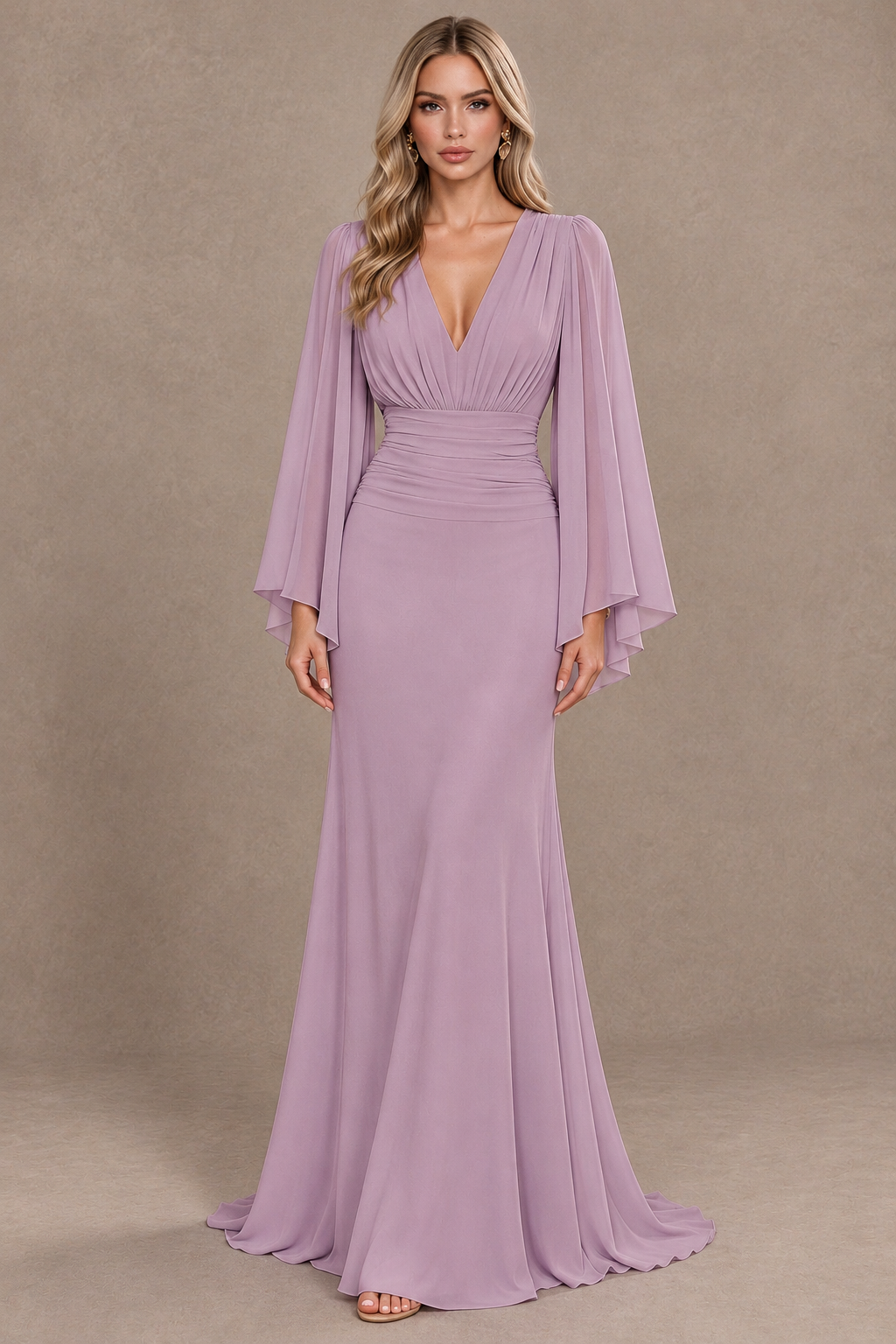 BOLODOO Dusty Purple Cape Sleeve V-Neck Ruched Chiffon Evening Dress - Dusty Purple - Dusty Purple_1