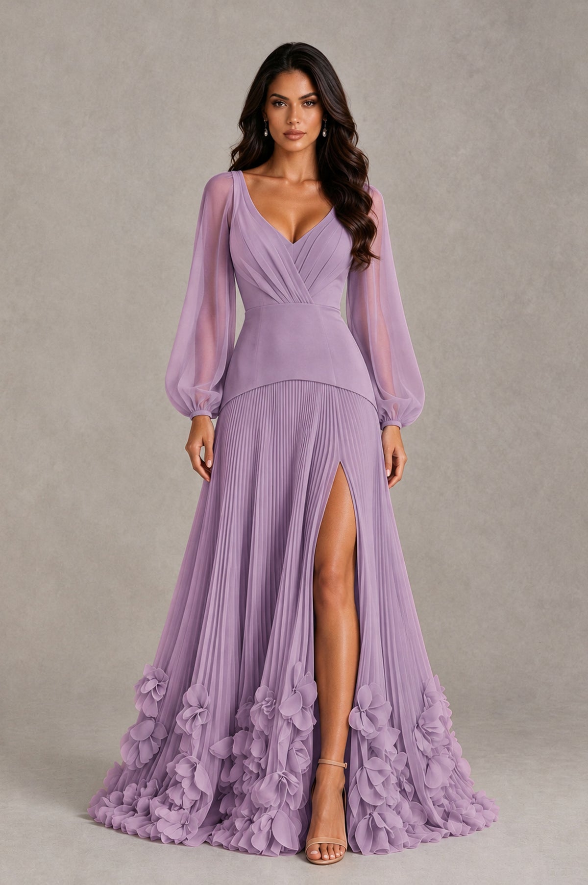BOLODOO Dusty Purple V-Neck Long Sleeve Pleated Floral Hem Evening Dress - Dusty Purple - Dusty Purple_1