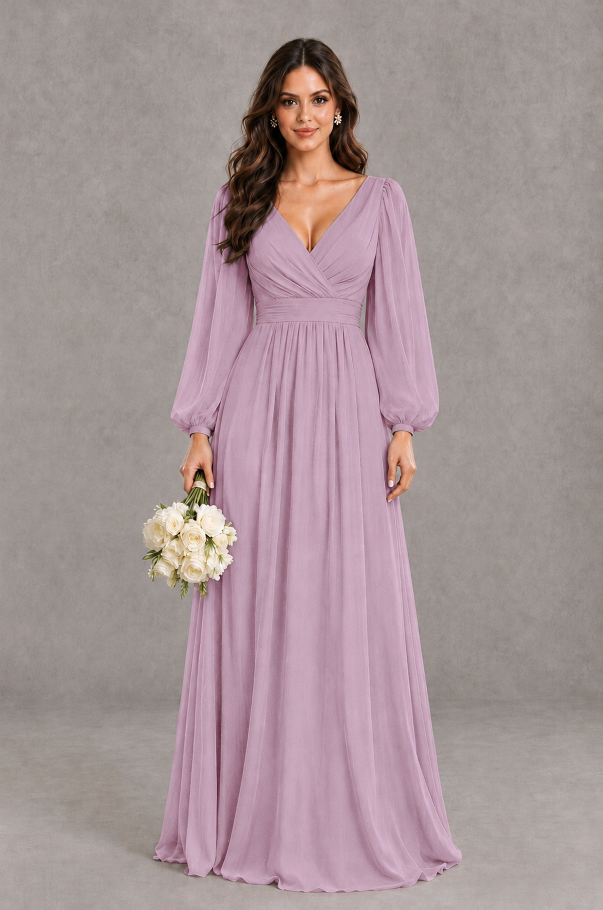 BOLODOO Dusty Purple Long Sleeve V-Neck A-Line Bridesmaid Dress - Dusty Purple - Dusty Purple_1
