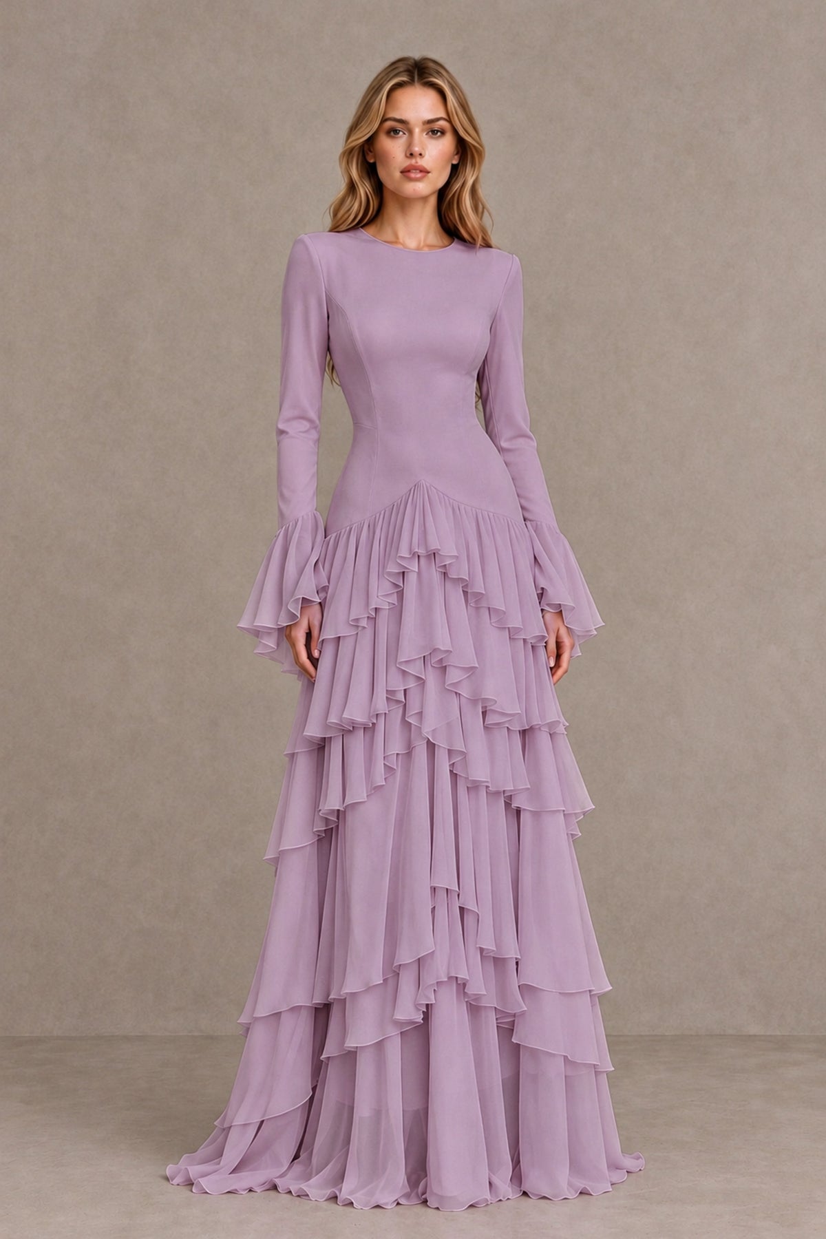 Dusty Purple Long Sleeve Tiered Ruffle Evening Gown - Dusty Purple - Dusty Purple_1