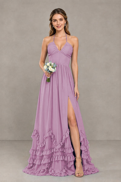 BOLODOO Dusty Purple Halter Ruffle Hem A-Line Bridesmaid Dress with High Slit - Dusty Purple - Dusty Purple(1)