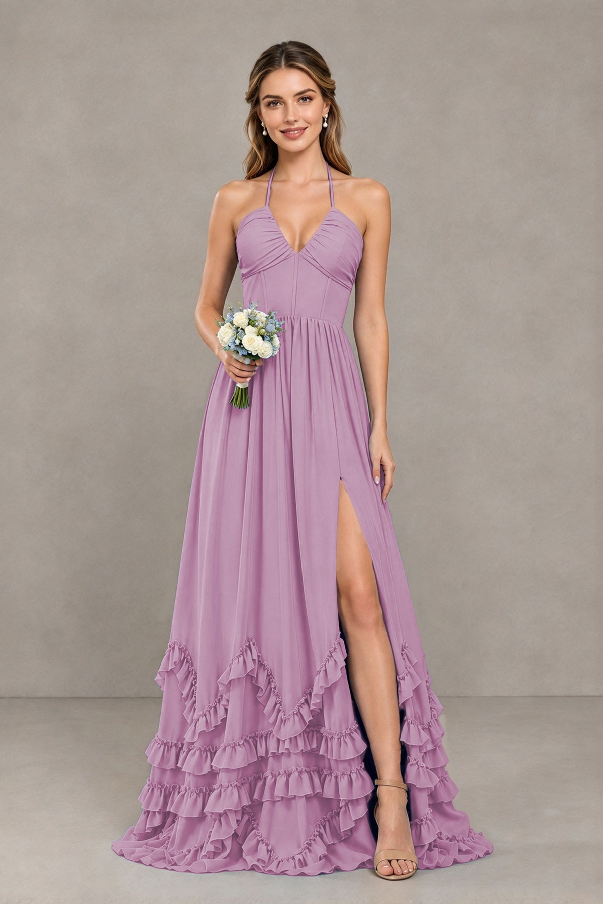 BOLODOO Dusty Purple Halter Ruffle Hem A-Line Bridesmaid Dress with High Slit - Dusty Purple - Dusty Purple(1)