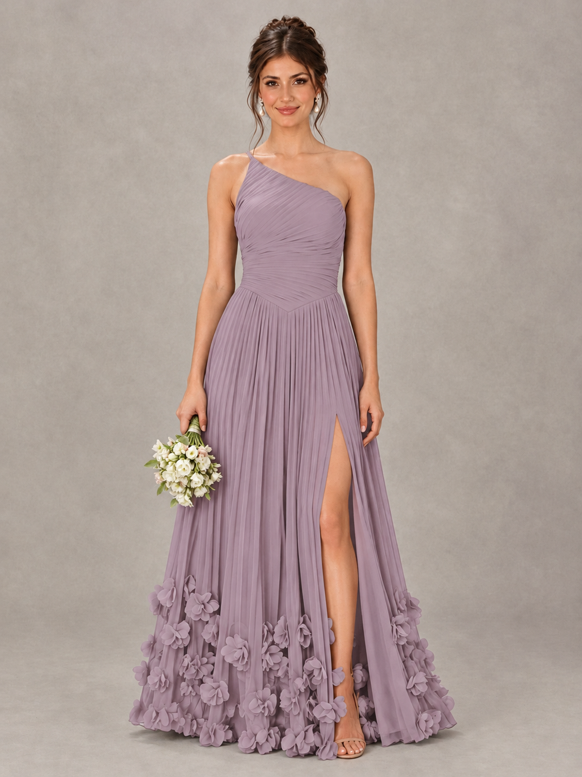 BOLODOO Dusty Purple One-Shoulder Pleated Bridesmaid Dress with 3D Floral Hem - Dusty Purple - Dusty Purple_1