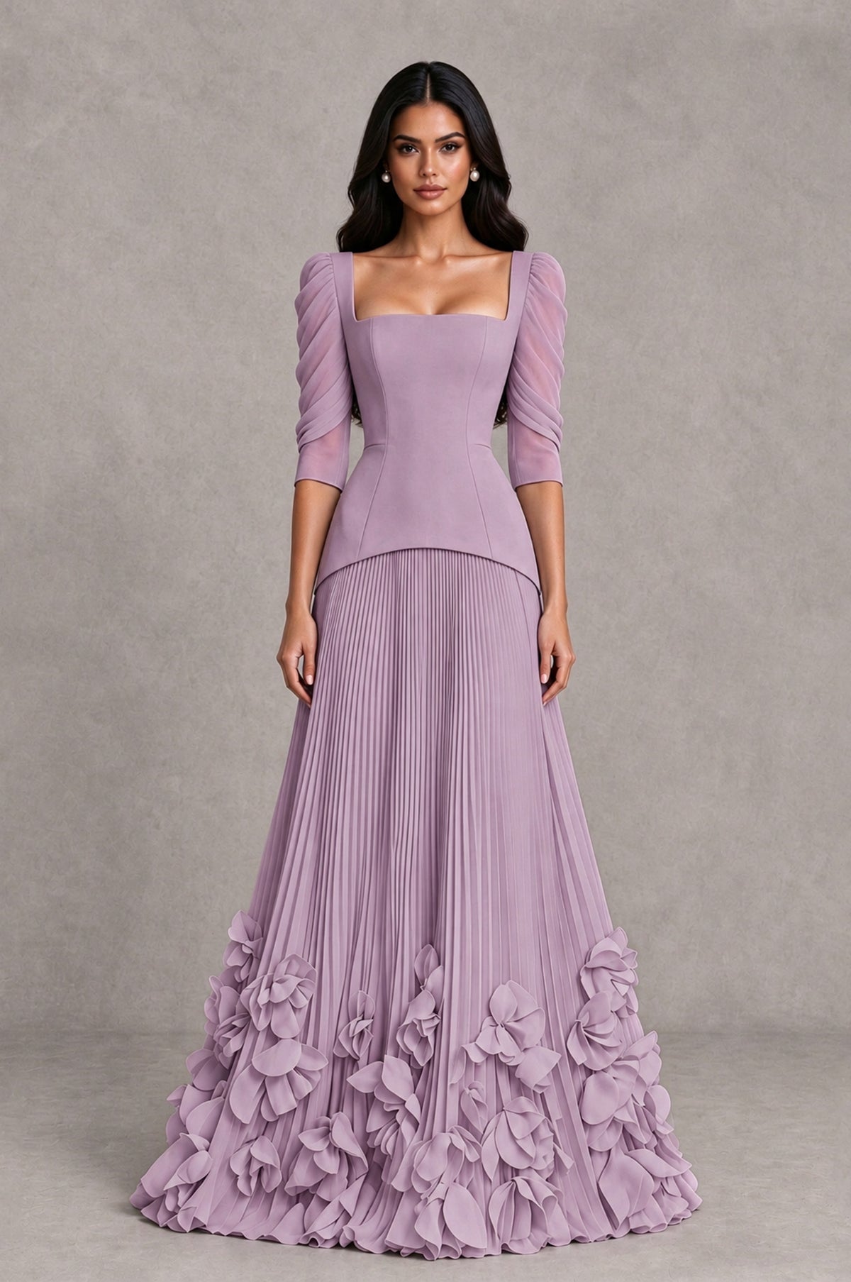 BOLODOO Dusty Purple Square Neck Pleated Floral Applique Evening Dress - Dusty Purple - Dusty Purple_1