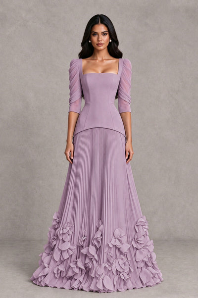 BOLODOO Dusty Purple Square Neck Pleated Floral Applique Evening Dress - Dusty Purple - Dusty Purple_1