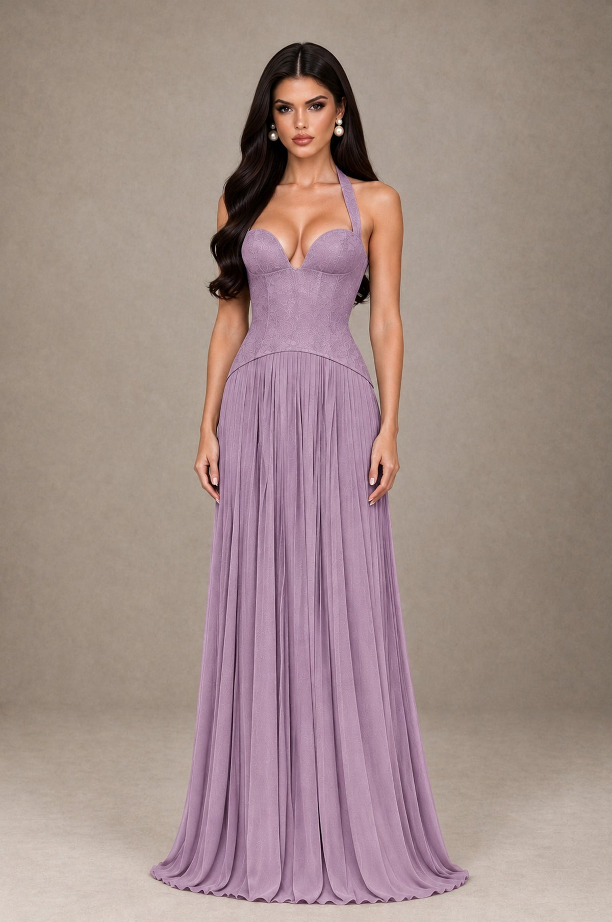 BOLODOO Dusty Purple Halter Corset Pleated A-Line Evening Dress - Dusty Purple - Dusty Purple_1