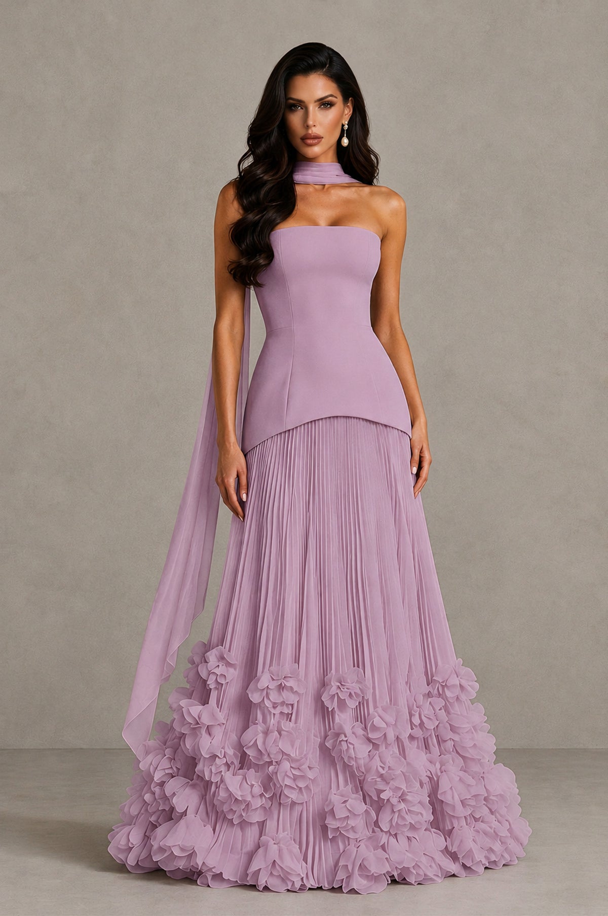 BOLODOO Dusty Purple Strapless Pleated Floral Hem Evening Gown - Dusty Purple - Dusty Purple_1