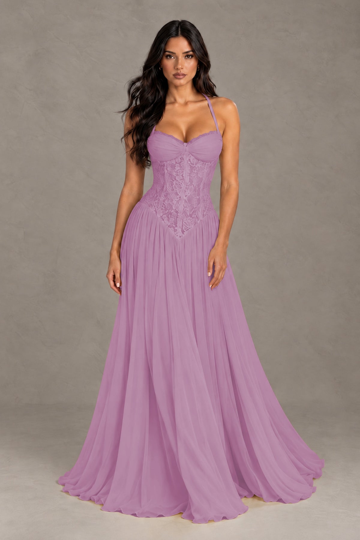 BOLODOO Dusty Purple Lace Corset Halter Maxi Gown – Backless A-Line Formal Dress - Dusty Purple - Dusty Purple(1)