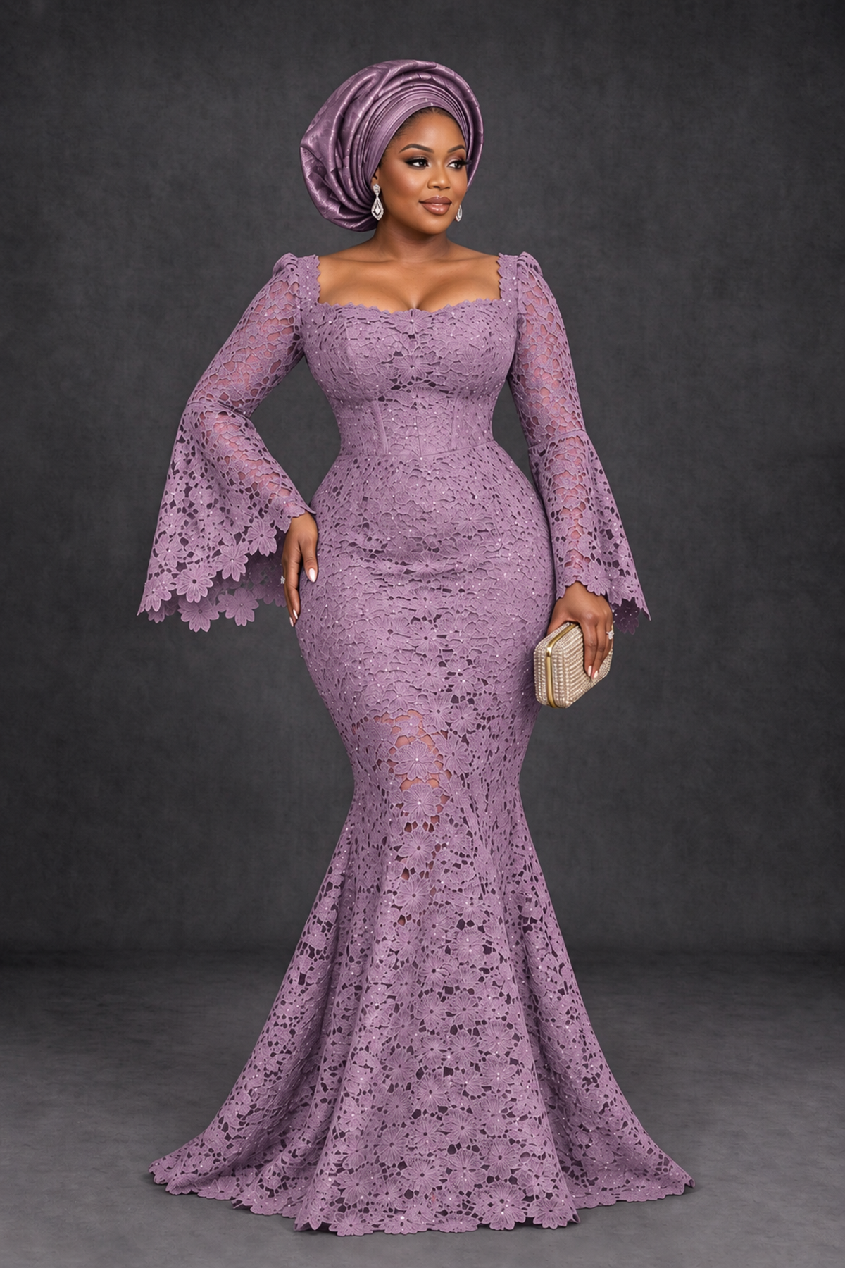 BOLODOO Dusty Purple African Lace Mermaid Dress, Plus Size Nigerian Wedding Guest Gown with Bell Sleeves - Dusty Purple - Dusty Purple_1