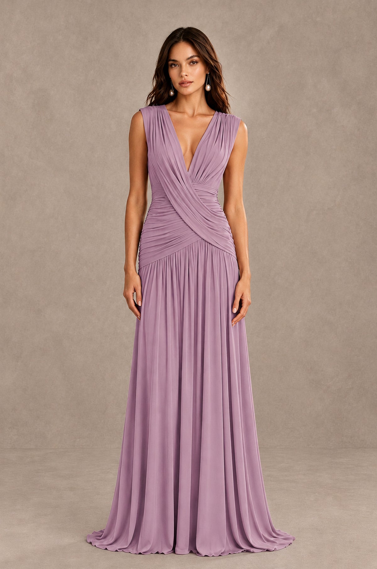 BOLODOO Dusty Purple V-Neck Ruched Wedding Guest Dress - Dusty Purple - Dusty Purple_1