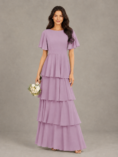 BOLODOO Dusty Purple Tiered Flutter Sleeve Bridesmaid Dress - Dusty Purple - Dusty Purple_1
