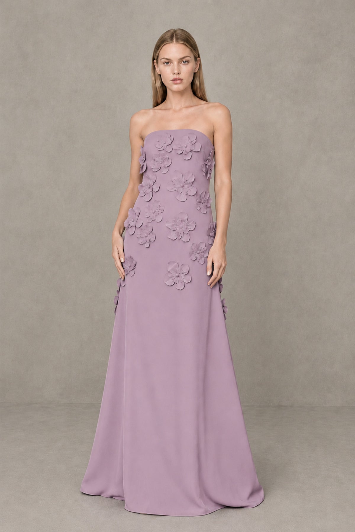 BOLODOO Dusty Purple Strapless 3D Floral Appliqué Crepe Maxi Gown - Dusty Purple - Dusty_Purple_1