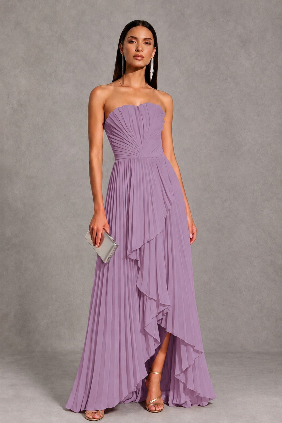 Dusty Purple Strapless Pleated High-Low Evening Gown with Ruffle Hem - Dusty Purple - Dusty_Purple_1