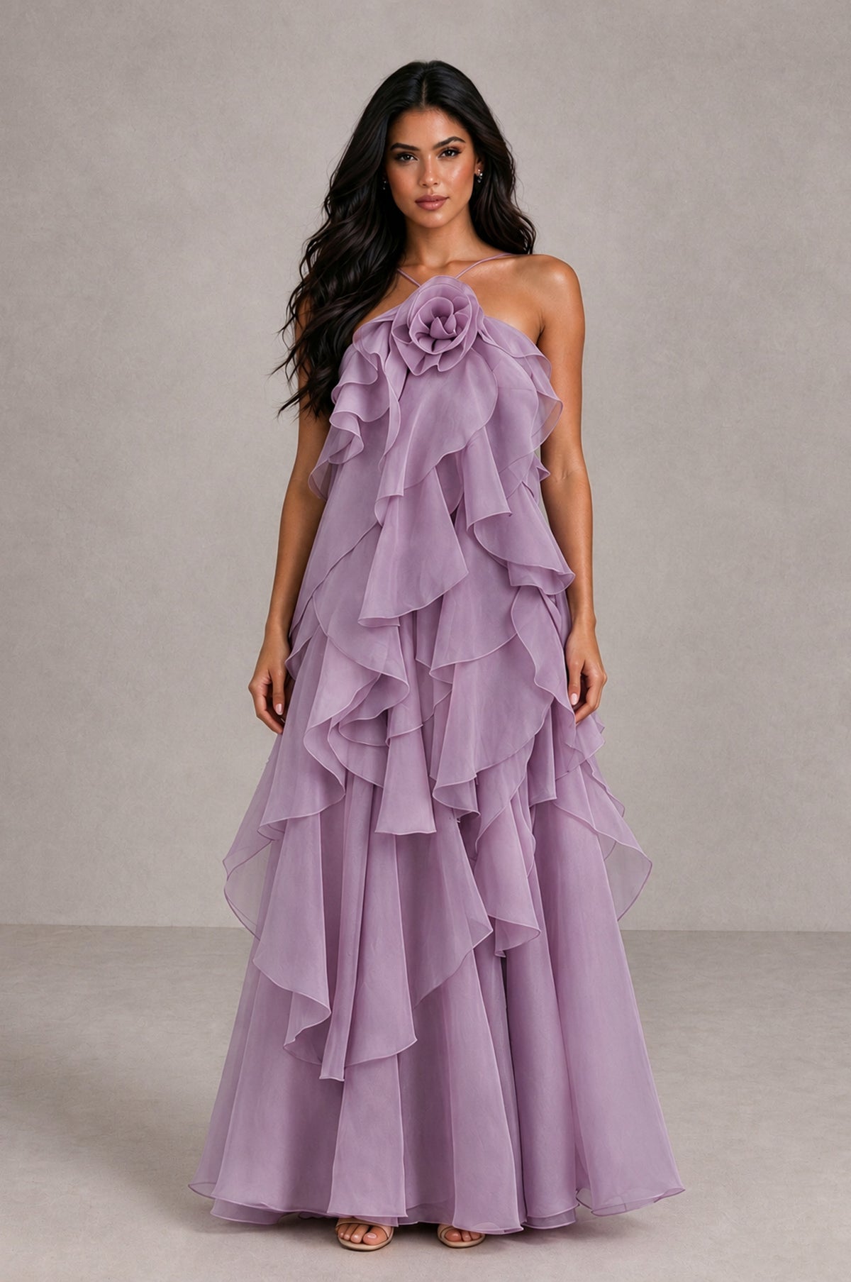 BOLODOO Dusty Purple Cascading Ruffle Rosette Open-Back Maxi Dress - Dusty Purple - Dusty Purple_1