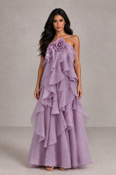 BOLODOO Dusty Purple Cascading Ruffle Rosette Open-Back Maxi Dress - Dusty Purple - Dusty Purple_1