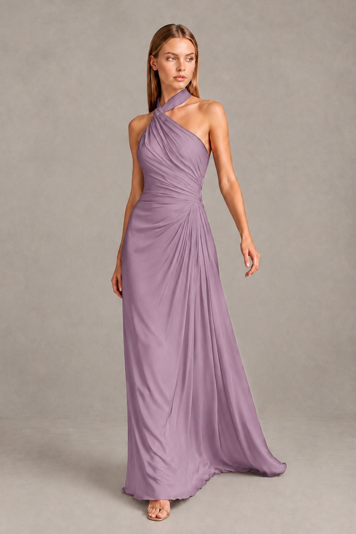 BOLODOO Dusty Purple Twisted Halter Neck Ruched Sleeveless Open Back Floor-Length Gown - Dusty Purple - Dusty_Purple_1