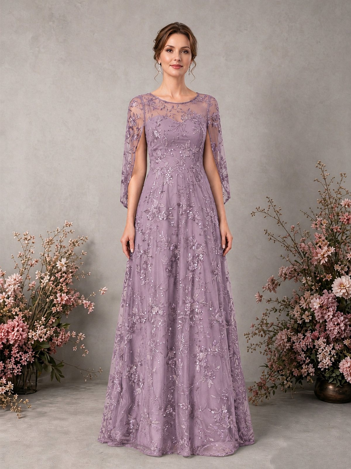 BOLODOO Dusty Purple Sequin Lace Cape Sleeve Formal Evening Gown - Dusty Purple - Dusty Purple_1