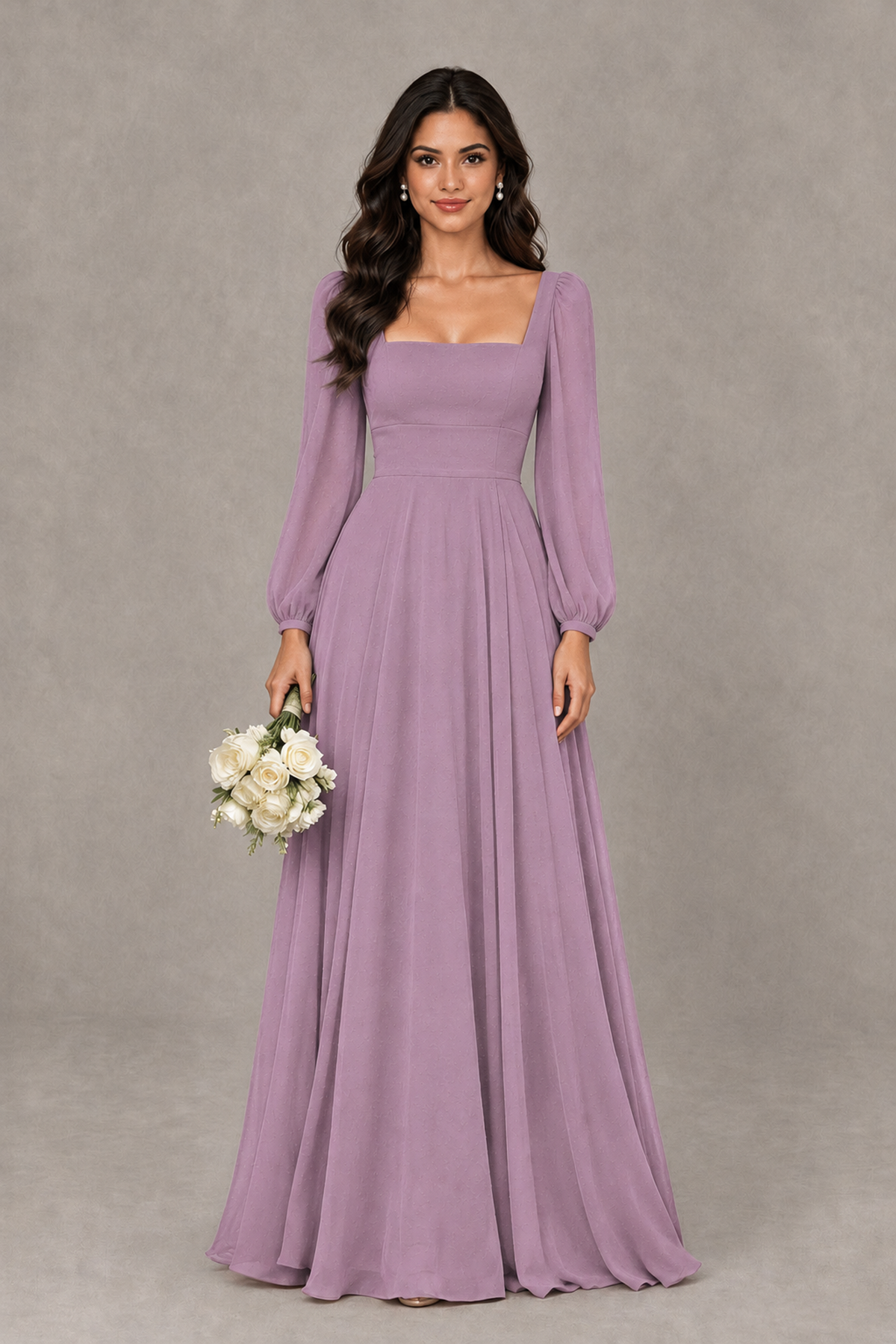 BOLODOO Dusty Purple Square Neck Long Sleeve A-Line Bridesmaid Dress - Dusty Purple - Dusty Purple_1