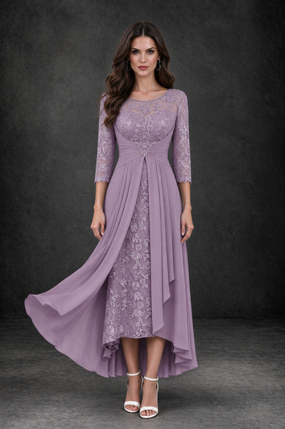 BOLODOO Dusty Purple Sequin Lace & Chiffon Tea-Length Mother of the Bride Dress with 3/4 Sleeves - Dusty Purple - Dusty_Purple_1