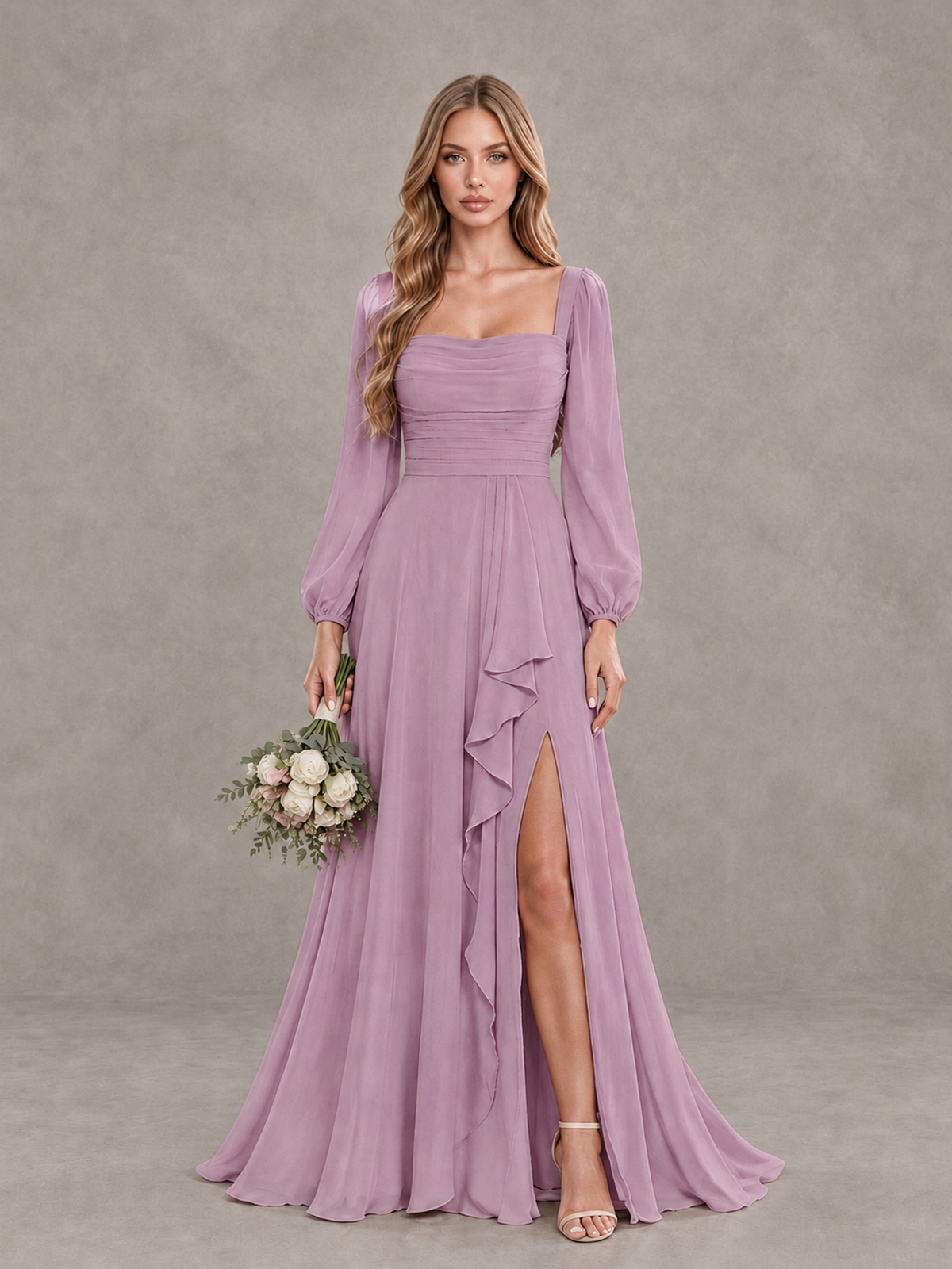 BOLODOO Dusty Purple Square Neck Long Sleeve Bridesmaid Dress with Ruffle Slit - Dusty Purple - Dusty Purple_1