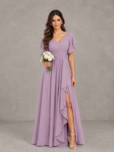 BOLODOO Dusty Purple Flutter Sleeve V-Neck Bridesmaid Dress with Ruffle Slit - Dusty Purple - Dusty Purple_1